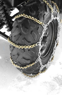 These Quadboss tire chains give<br> great traction in the snow.