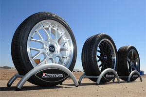 Showcase of Bridgestone tires on racks