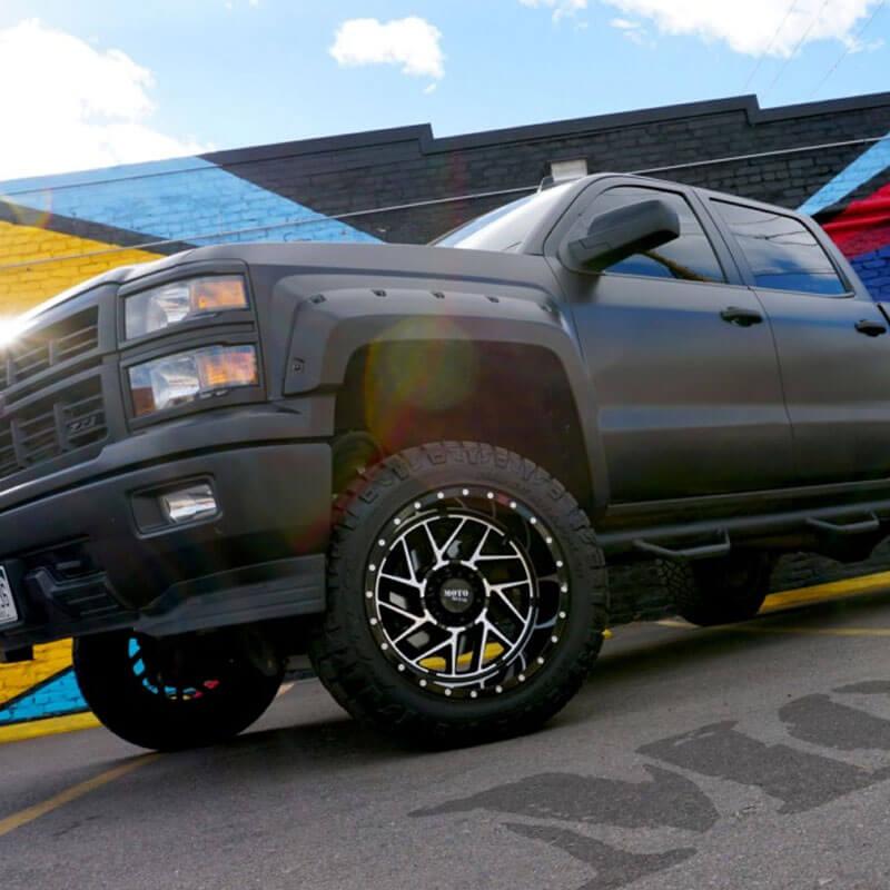 Chevy truck and gloss black machined MO985 Breakout wheels