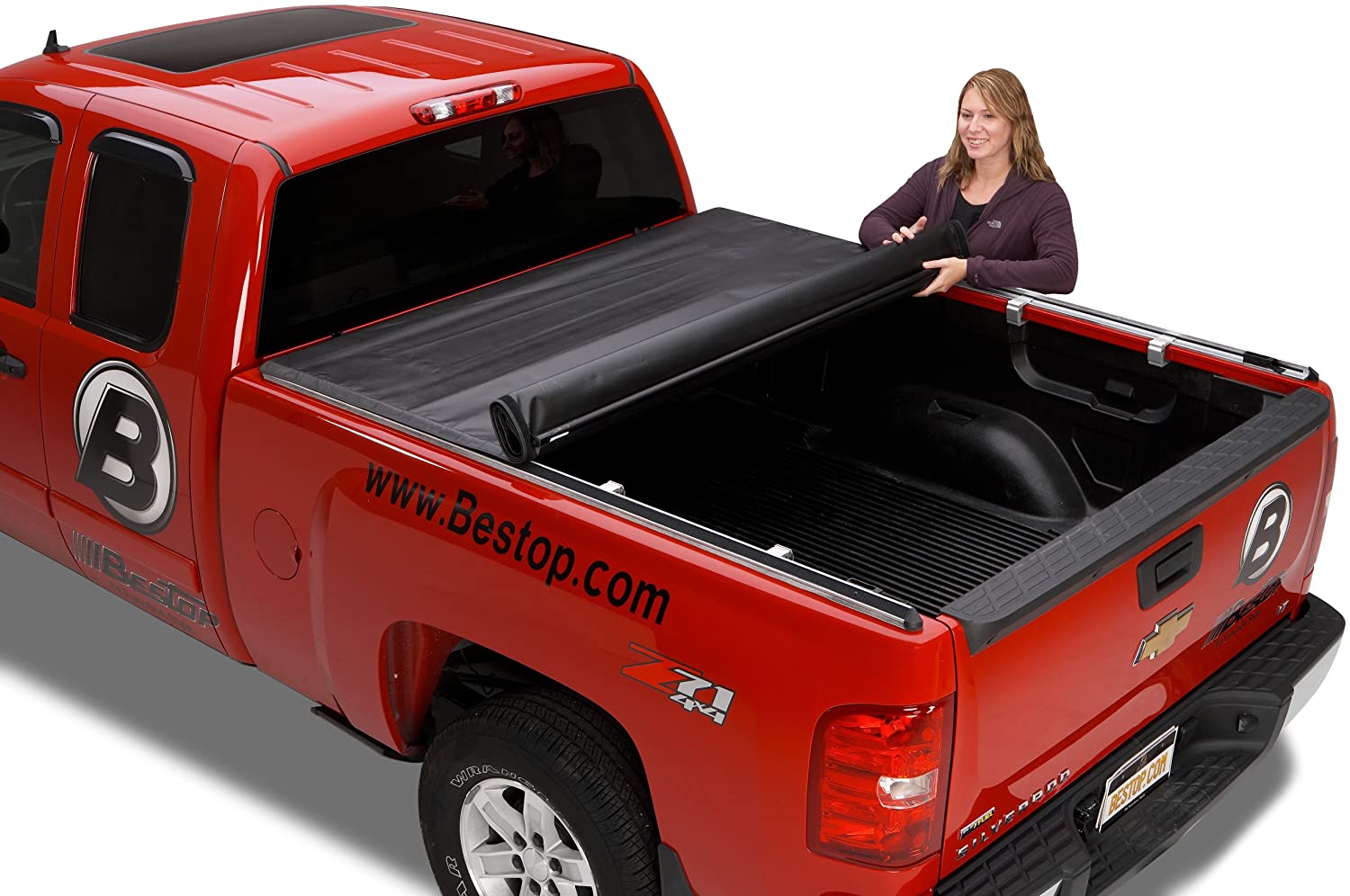 Red truck with a tonneau cover