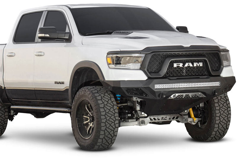 Black powder-coated Stealth Fighter Series Front Bumper on a Dodge RAM