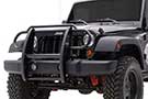 Jeep Wrangler sporting a black steel grille guard by Aries Automotive