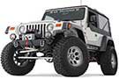 Jeep TJ sporting the Warn Rock Crawler Stubby Bumper without grille guard tube