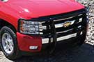 Black Premium Black Grille Guard on a red Chevy pickup truck